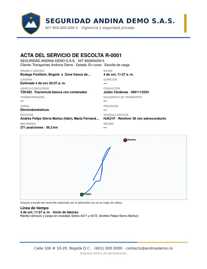 Acta del servicio de escolta en PDF, con membrete, datos del transporte y croquis del recorrido.