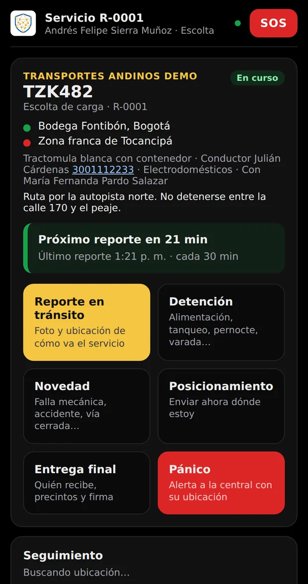 La app del escolta en el celular: reporte en tránsito, novedad, entrega final y botón de pánico.