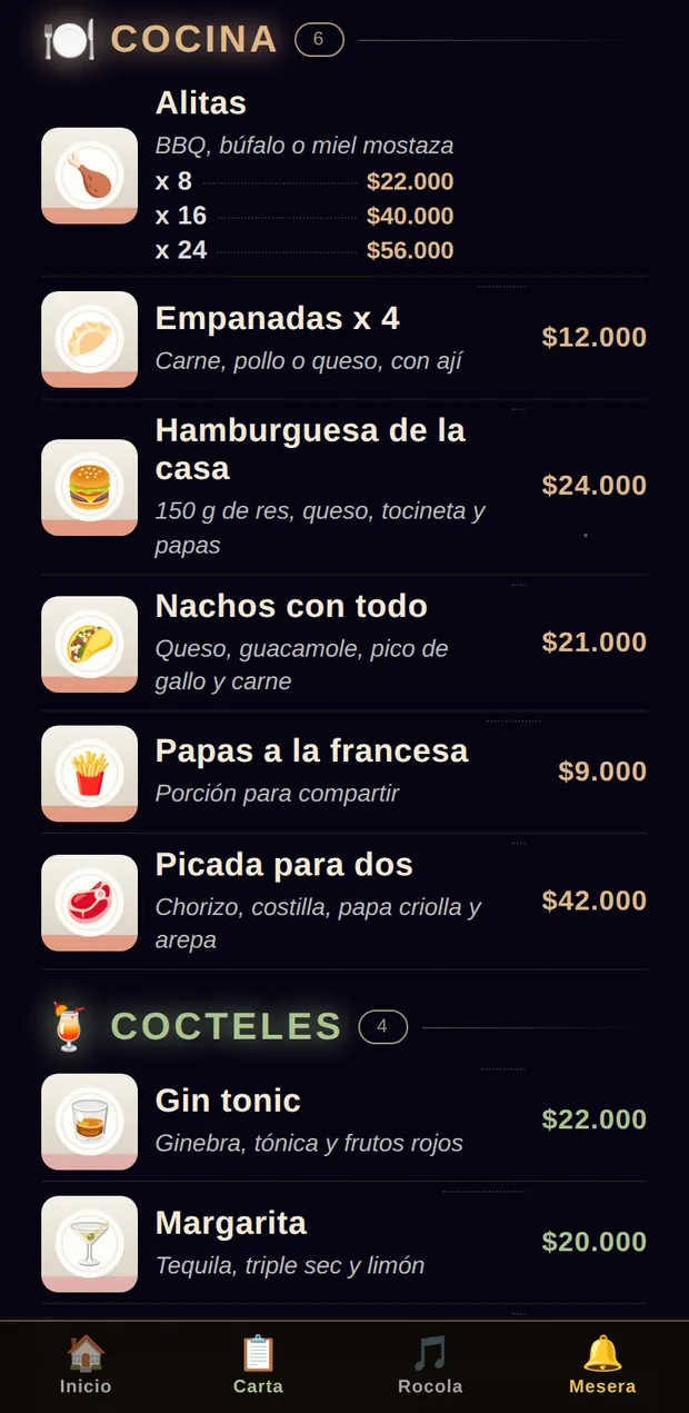 La carta digital en el celular del cliente, con la foto, la descripción y el precio de cada producto.