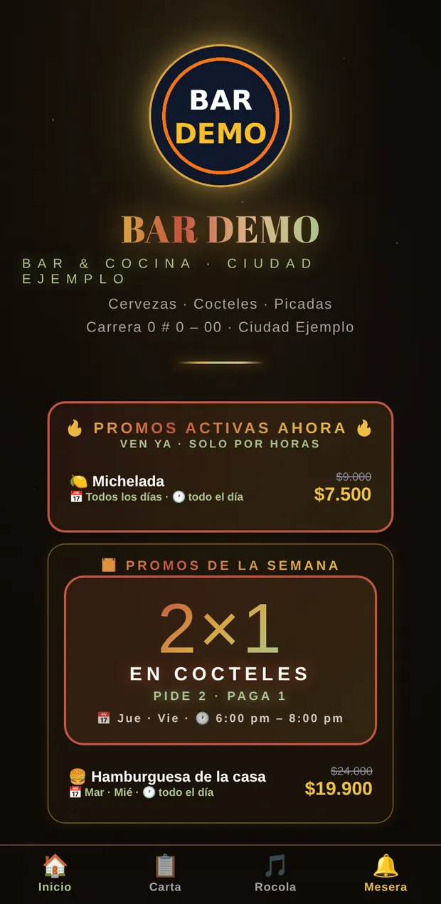 Zona de clientes: promociones vigentes y botones de carta, rocola y mesera.
