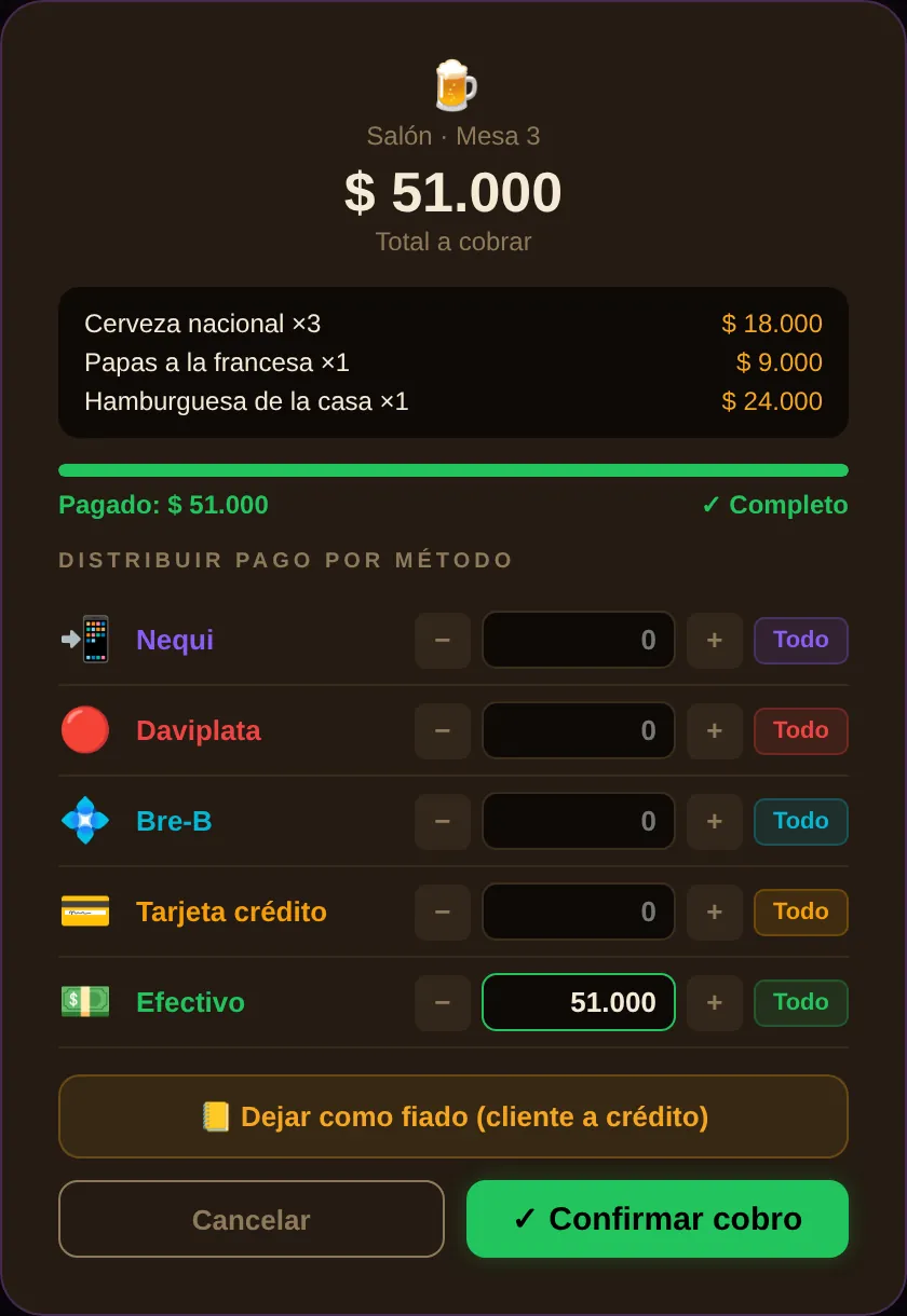 Cobro de una mesa repartido entre varios medios de pago, con la opción de dejarla como fiado.