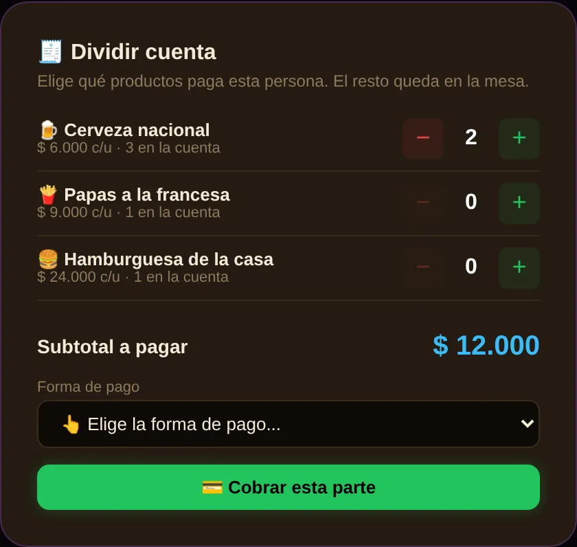 División de la cuenta: se escoge qué productos paga cada persona.