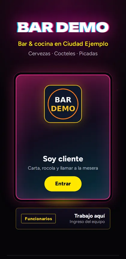 Página de inicio en estilo Discoteca, negro con magenta y azul eléctrico.