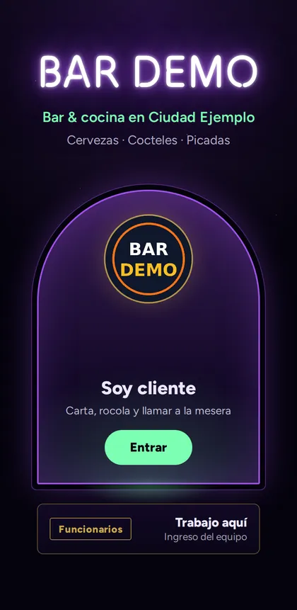 Página de inicio en estilo Espacial, con neón violeta y verde.