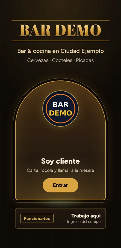 Página de inicio en estilo Pub, con madera oscura y latón.