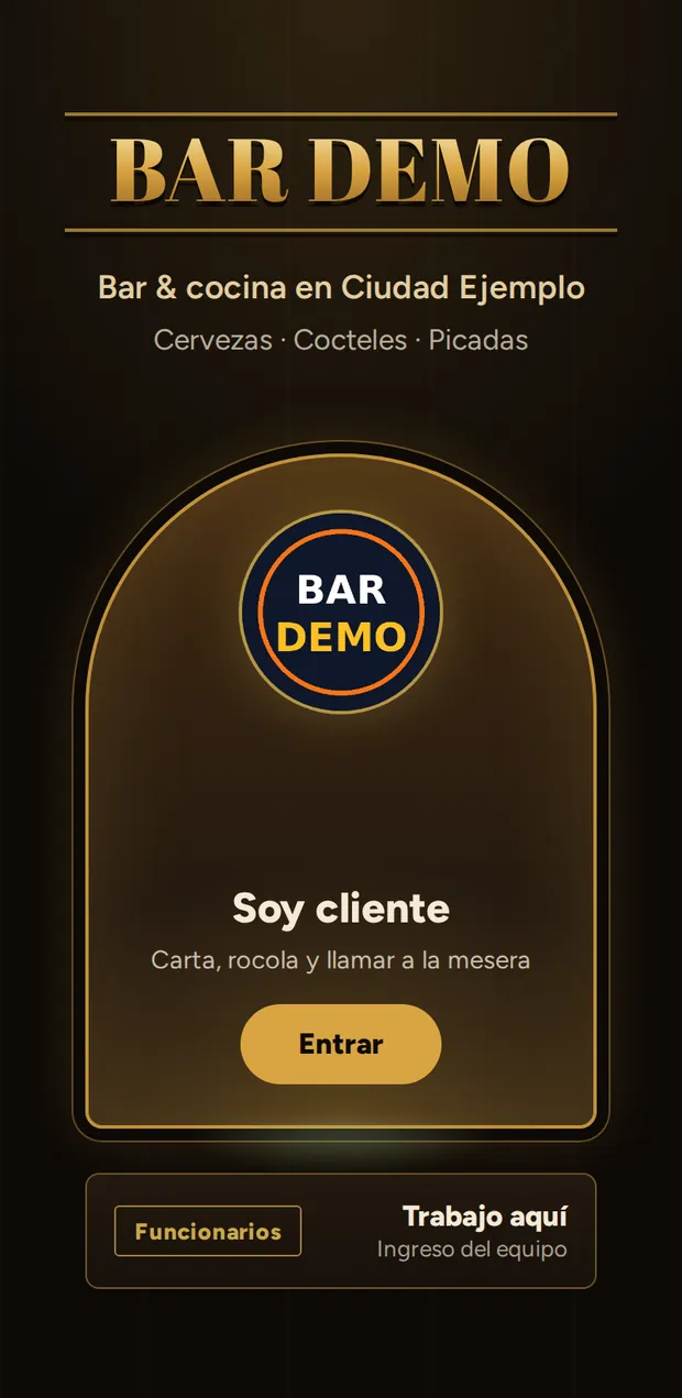 Página de inicio del negocio en el celular, con una entrada para los clientes y otra para el personal.