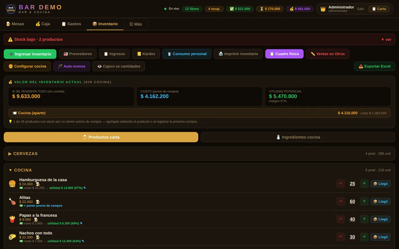 Inventario por categorías: cantidad, costo y utilidad de cada producto, y el valor total de lo que hay.