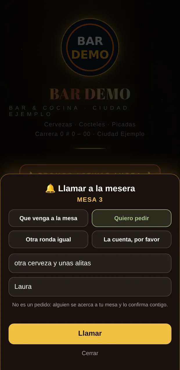 El cliente llama a la mesera desde su celular: escoge el motivo y escribe una nota.