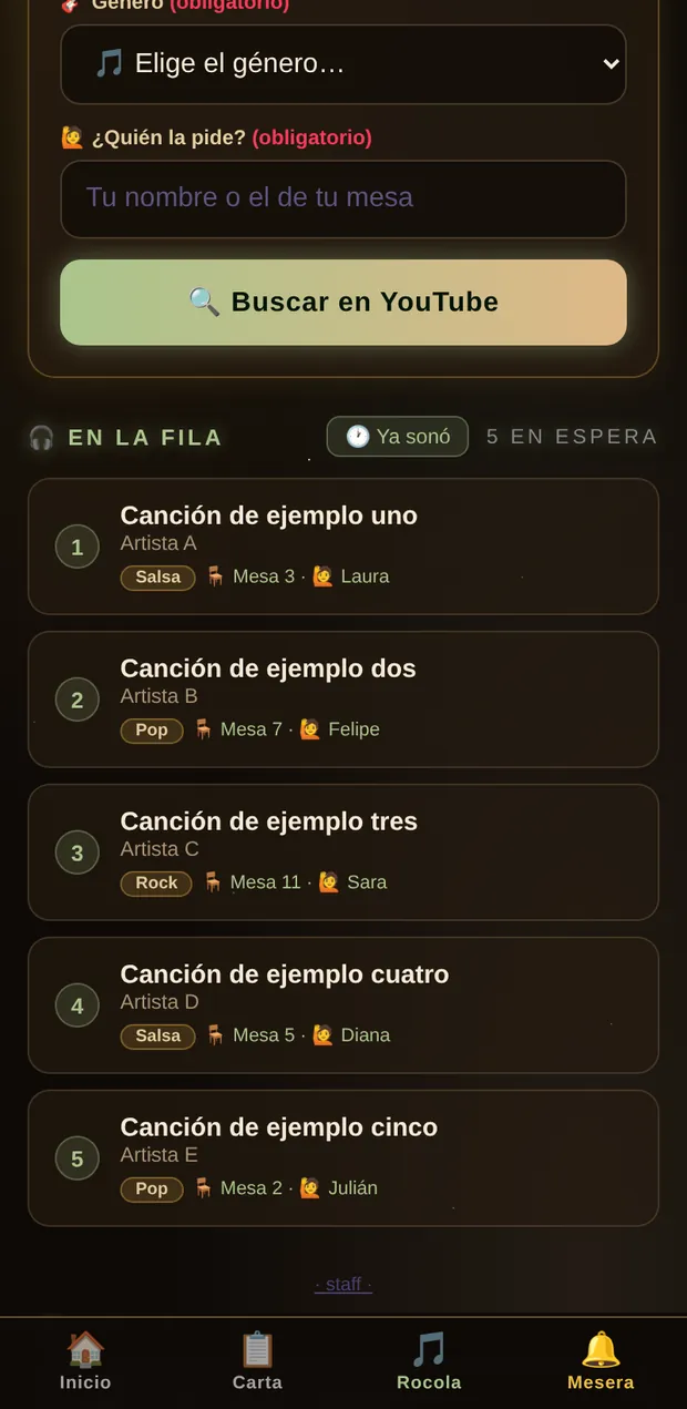 Rocola en el celular del cliente: buscador de canciones y la fila con la mesa y el nombre de quien pidió.