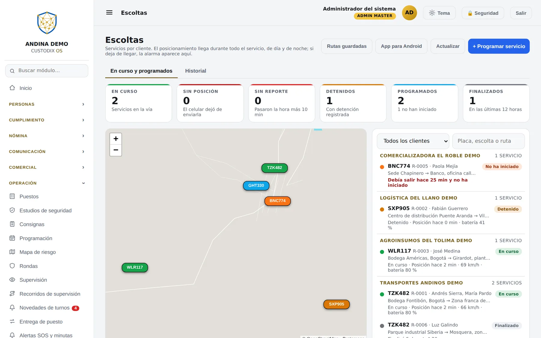 Pantalla de la central: servicios de escolta en curso sobre el mapa, con su estado y sus alarmas.