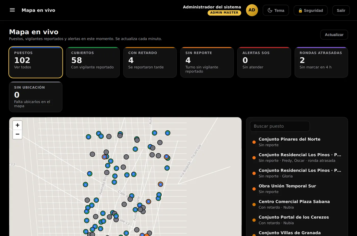 Mapa en vivo con todos los puestos: cubiertos, con retraso y sin reporte.