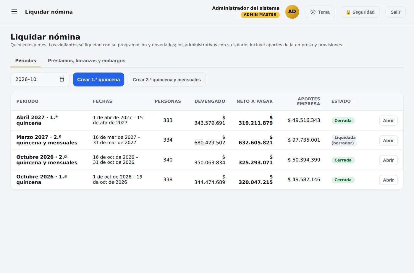 Liquidar nómina: periodos con número de personas, devengado, neto a pagar y aportes de la empresa.
