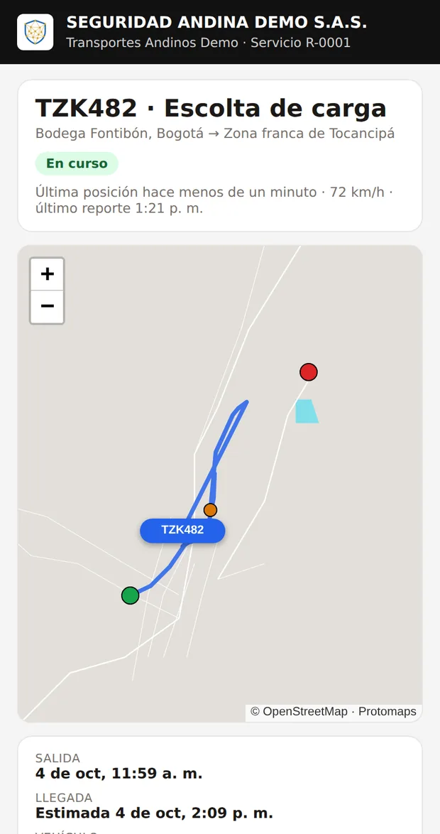 Enlace de seguimiento que recibe el cliente: mapa con la posición del vehículo, hora de salida y de llegada estimada.